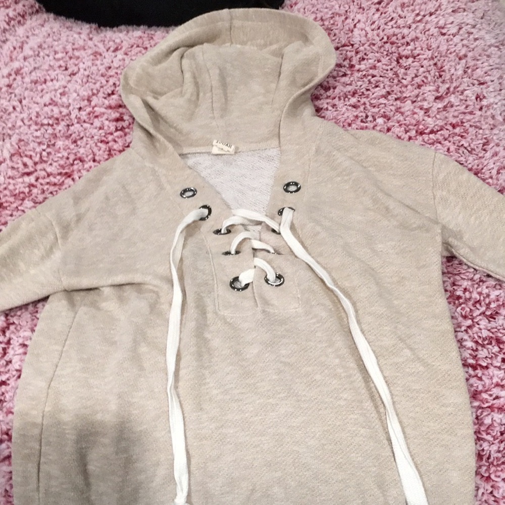 Size S tan pullover hoodie with crisscross ties made by IJoah